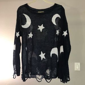 Wildfox “Night Owl” Moon Stars Blue Lennon Sweater